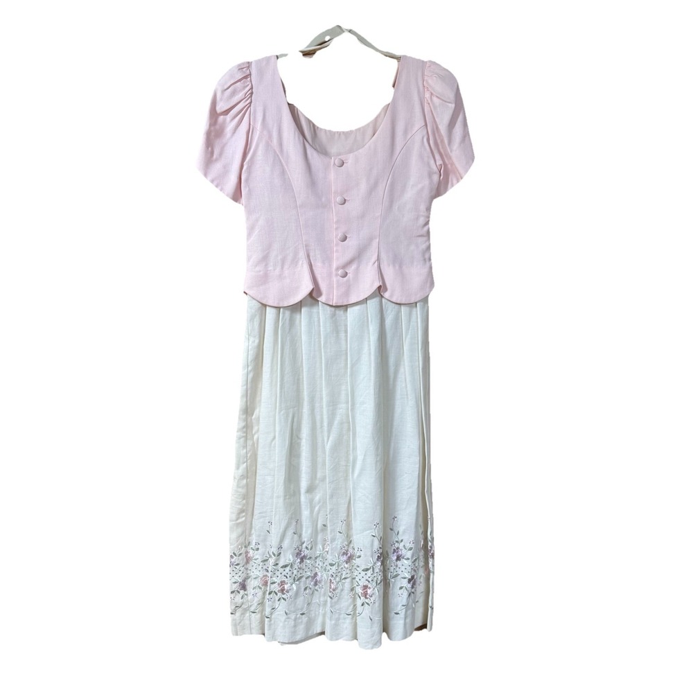 Vintage Lanz Originals Prairie Style Dress Pink Top Cottage Embroidered Size 6